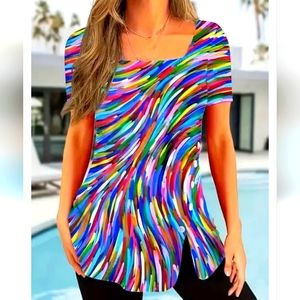 NWOT Justfashion Now Artisan  Multi-colored  Square Neck Short Sleeve Top Size M